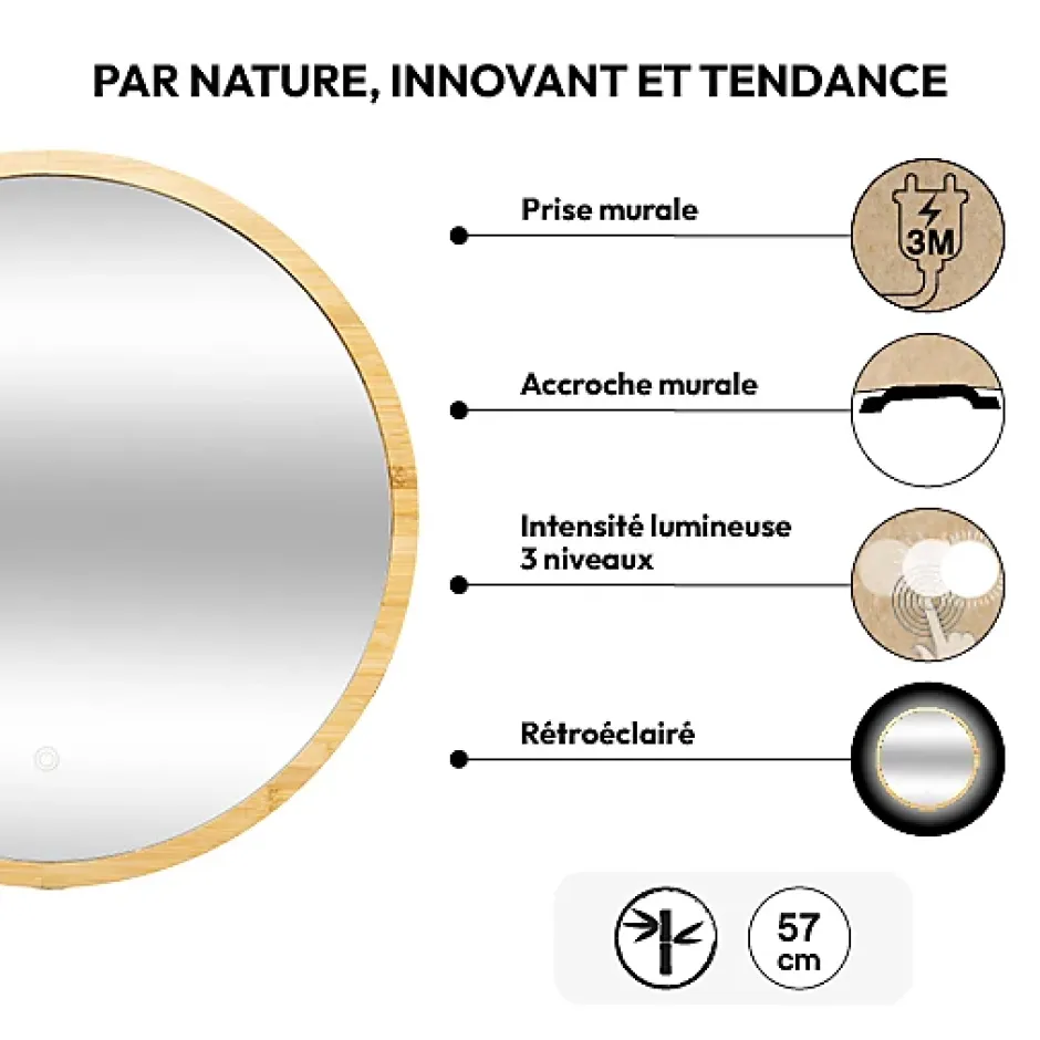 5Five Miroir rond à led 57cm Bambou -