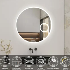 AICA Sanitaire Miroir rond de salle de bain 80cm LED tricolore horloge + loupe + anti-buée + mémoire,