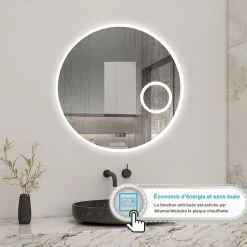 AICA Sanitaire Miroir rond de salle de bain 80cm LED tricolore horloge + loupe + anti-buée + mémoire,