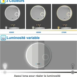 AICA Sanitaire Miroir rond de salle de bain 80cm LED tricolore horloge + loupe + anti-buée + mémoire,