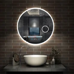 AICA Sanitaire Miroir rond de salle de bain 70cm LED tricolore horloge + loupe + anti-buée + mémoire,