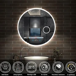 AICA Sanitaire Miroir rond de salle de bain 70cm LED tricolore horloge + loupe + anti-buée + mémoire,