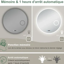 AICA Sanitaire Miroir rond de salle de bain 60cm LED tricolore horloge + loupe + anti-buée + mémoire,