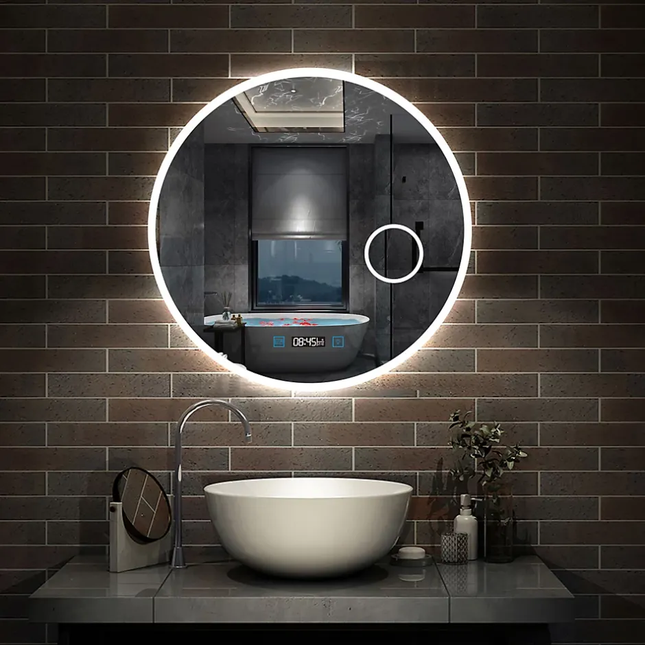 AICA Sanitaire Miroir rond de salle de bain 80cm LED tricolore horloge + loupe + anti-buée + mémoire,* Miroir Lumineux