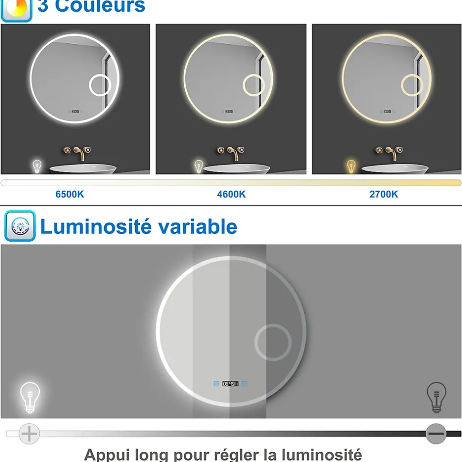 AICA Sanitaire Miroir rond de salle de bain 80cm LED tricolore horloge + loupe + anti-buée + mémoire,* Miroir Lumineux