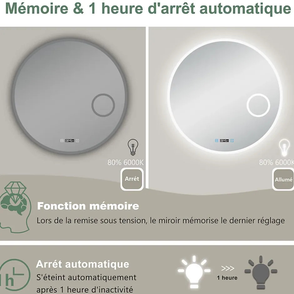AICA Sanitaire Miroir rond de salle de bain 80cm LED tricolore horloge + loupe + anti-buée + mémoire,* Miroir Lumineux