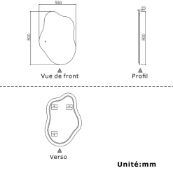 AICA Sanitaire Miroir salle de bain asymétrique 80 x 55 cm LED Éclairage réglable en 3 couleurs + anti-buée + fonction mémoire