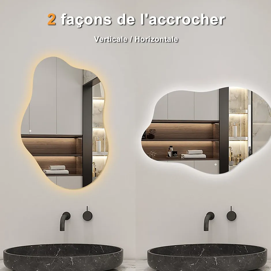 AICA Sanitaire Miroir salle de bain asymétrique 100 x 66 cm LED Éclairage réglable en 3 couleurs + anti-buée + fonction mémoire* Miroir Lumineux