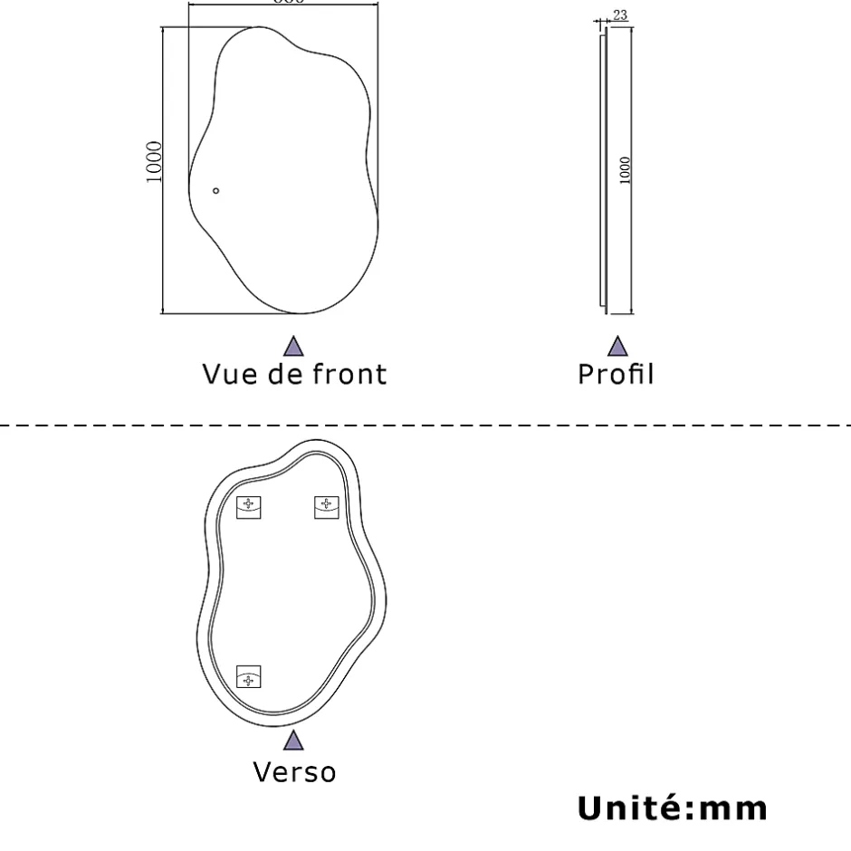 AICA Sanitaire Miroir salle de bain asymétrique 100 x 66 cm LED Éclairage réglable en 3 couleurs + anti-buée + fonction mémoire* Miroir Lumineux
