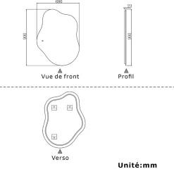 AICA Sanitaire Miroir salle de bain asymétrique 90 x 68 cm LED Éclairage réglable en 3 couleurs + anti-buée + fonction mémoire