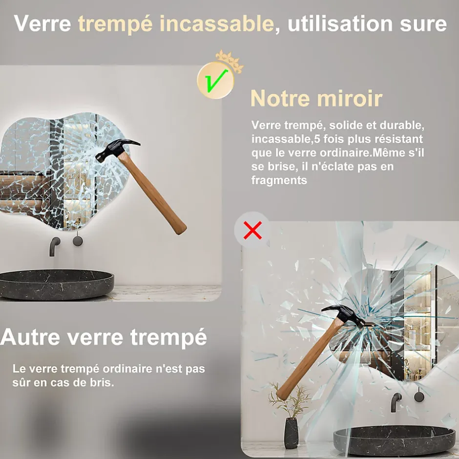 AICA Sanitaire Miroir salle de bain asymétrique 60 x 50 cm LED Éclairage réglable en 3 couleurs + anti-buée + mémoire* Miroir Lumineux