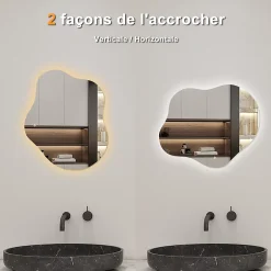 AICA Sanitaire Miroir salle de bain asymétrique 60 x 50 cm LED Éclairage réglable en 3 couleurs + anti-buée + mémoire* Miroir Lumineux