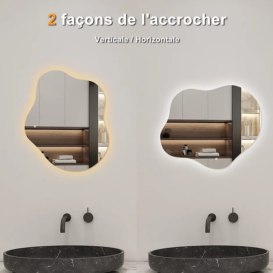 AICA Sanitaire Miroir salle de bain asymétrique 60 x 50 cm LED Éclairage réglable en 3 couleurs + anti-buée + mémoire* Miroir Lumineux