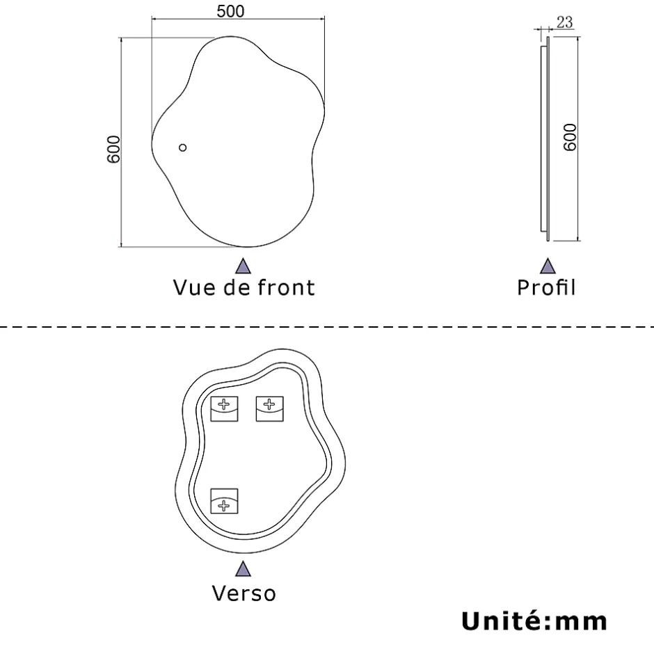 AICA Sanitaire Miroir salle de bain asymétrique 60 x 50 cm LED Éclairage réglable en 3 couleurs + anti-buée + mémoire* Miroir Lumineux