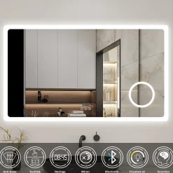 AICA Sanitaire Miroir salle de bain bluetooth + loupe + horloge + tricolore + anti-buée 100x60cm dimmable,mémoire,tactile,led,