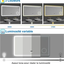 AICA Sanitaire Miroir salle de bain bluetooth + loupe + horloge + tricolore + anti-buée 100x60cm dimmable,mémoire,tactile,led,