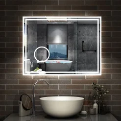 AICA Sanitaire Miroir salle de bain Bluetooth 80x60cm tricolore avec loupe 3x, dimmable, mémoire et anti-buée, IP44 Miroir LED,