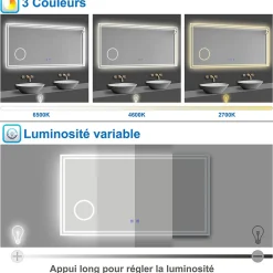 AICA Sanitaire Miroir salle de bain Bluetooth 80x60cm tricolore avec loupe 3x, dimmable, mémoire et anti-buée, IP44 Miroir LED,