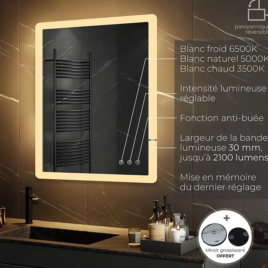 Saniverre Miroir salle de bain BOLEO 80 x 120 cm LED lumineux 2100 lms anti-buée + réglage intensité & couleur -* Miroir Lumineux