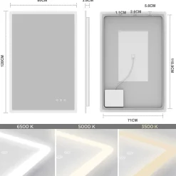 Saniverre Miroir salle de bain BOLEO 80 x 120 cm LED lumineux 2100 lms anti-buée + réglage intensité & couleur -* Miroir Lumineux