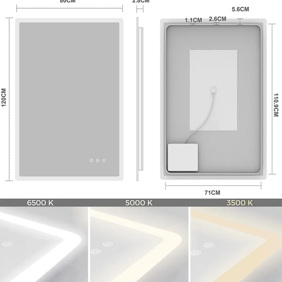 Saniverre Miroir salle de bain BOLEO 80 x 120 cm LED lumineux 2100 lms anti-buée + réglage intensité & couleur -* Miroir Lumineux