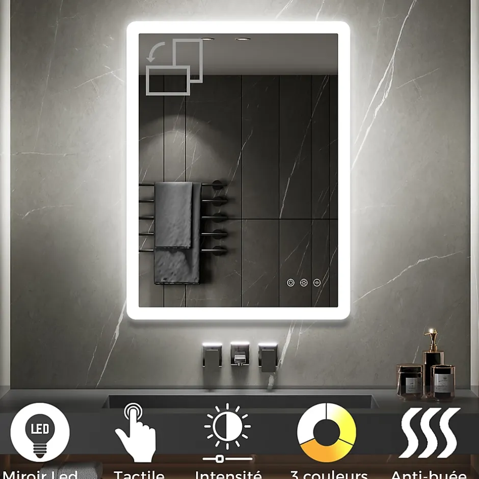 Saniverre Miroir salle de bain BOLEO 60 x 80 cm LED lumineux 2100 lms anti-buée + réglage intensité & couleur -* Miroir Lumineux