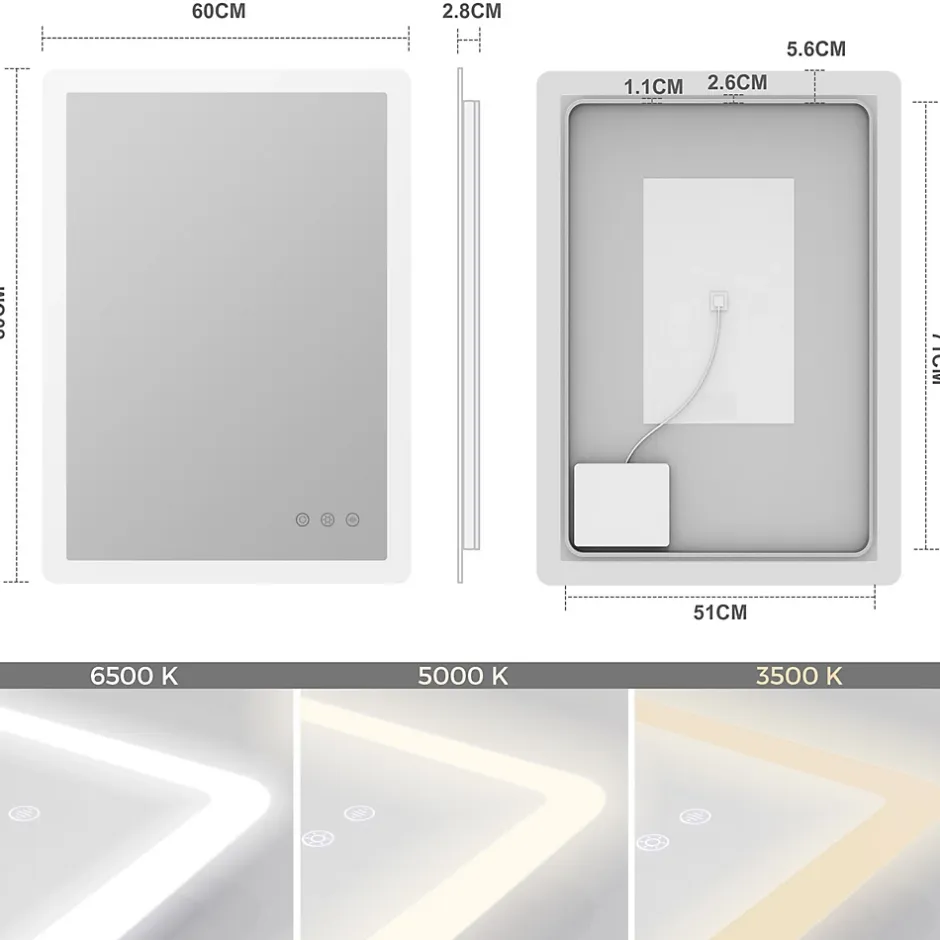 Saniverre Miroir salle de bain BOLEO 60 x 80 cm LED lumineux 2100 lms anti-buée + réglage intensité & couleur -* Miroir Lumineux
