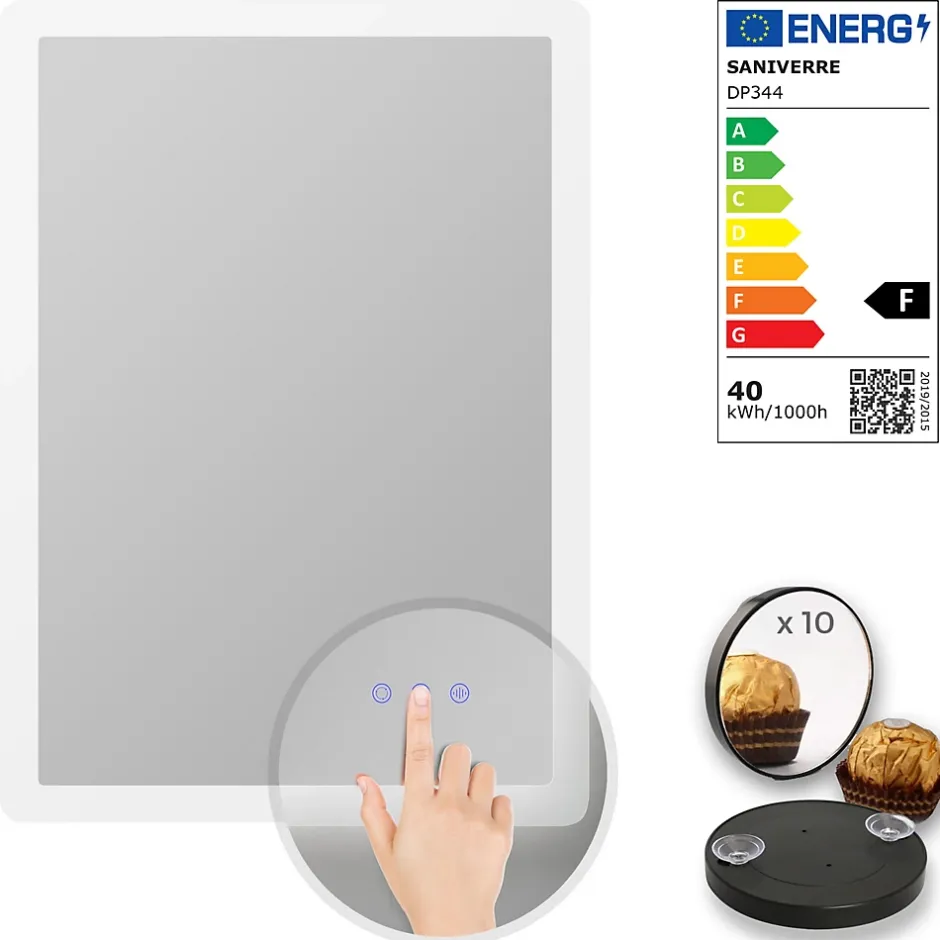 Saniverre Miroir salle de bain BOLEO 60 x 80 cm LED lumineux 2100 lms anti-buée + réglage intensité & couleur -* Miroir Lumineux