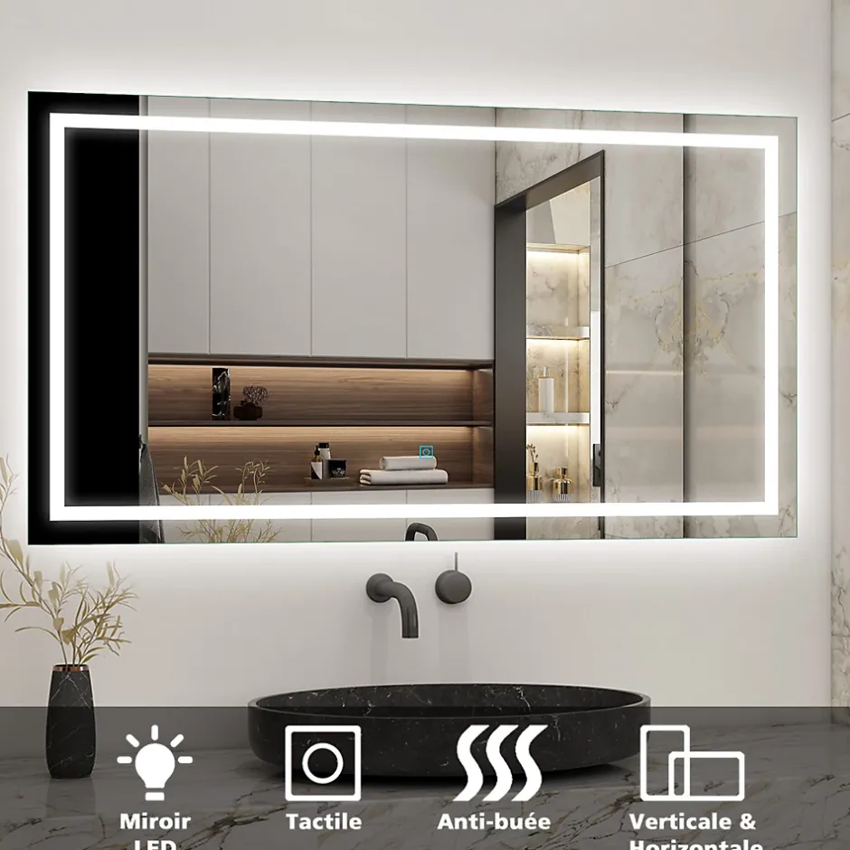 AICA Sanitaire Miroir salle de bain led anti-buée, avec éclairage LED 80 x 60cm réversible, IP44 commande par effleurement,* Miroir Lumineux