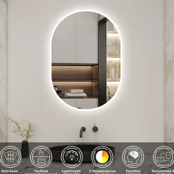AICA Sanitaire Miroir salle de bain LED 60x100cm tricolore + anti-buée + dimmable + mémoire,