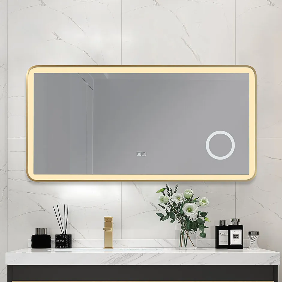 Luxury Bain Miroir salle de bain LED 90x60cm anti buée avec cadre en aluminium doré et loupe x3 LB-4685G* Miroir Lumineux