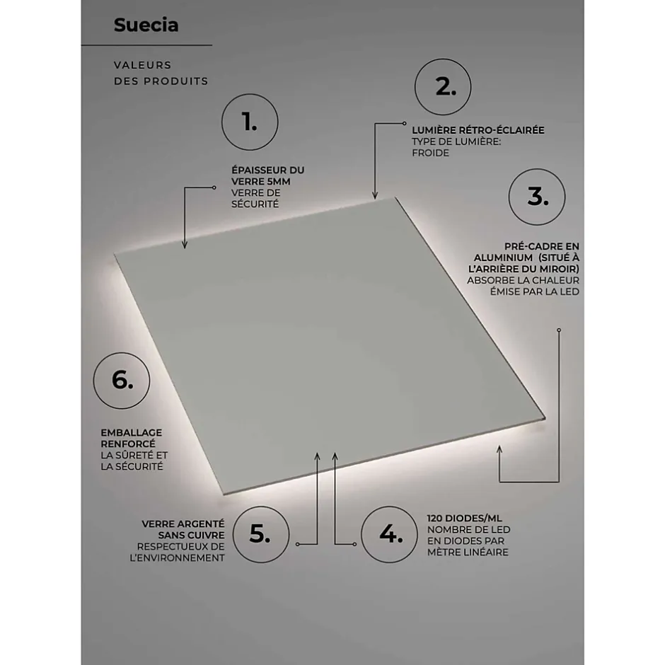 Ledimex Miroir Salle de Bain LED Rétro-Éclairé (6500K) - 120x80cm - Verre Sécurité 5mm - SUECIA* Miroir Lumineux