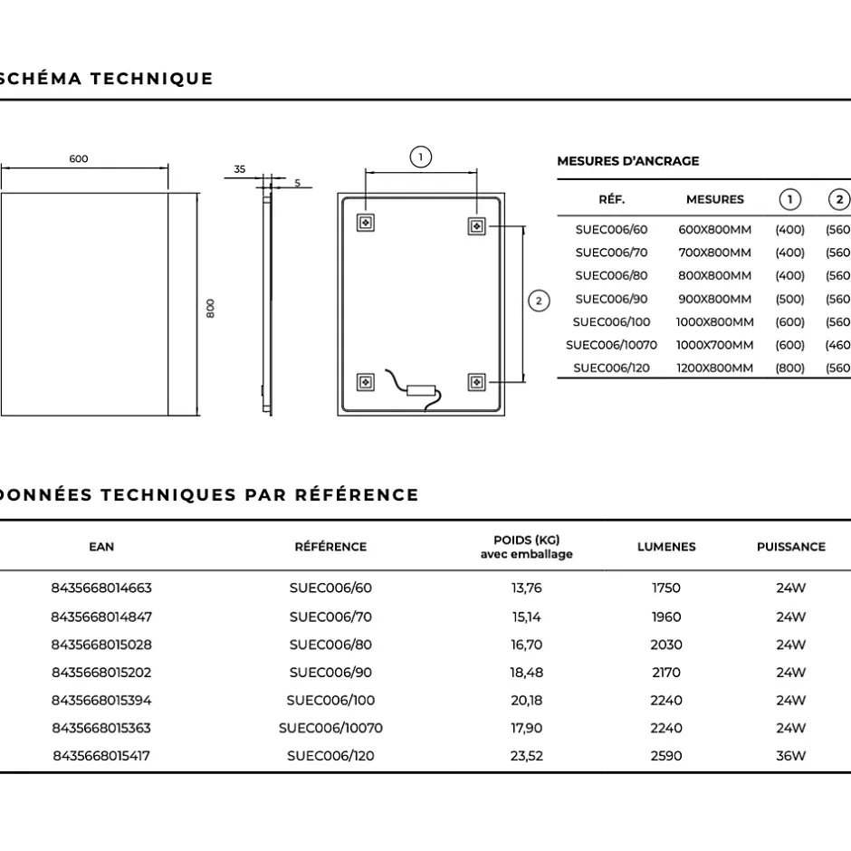 Ledimex Miroir Salle de Bain LED Rétro-Éclairé (6500K) - 120x80cm - Verre Sécurité 5mm - SUECIA* Miroir Lumineux