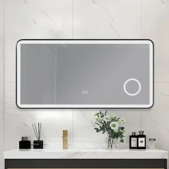 Luxury Bain Miroir salle de bain LED 120x60cm anti buée avec cadre en aluminium noir et loupe x3 LB-4685B* Miroir Lumineux