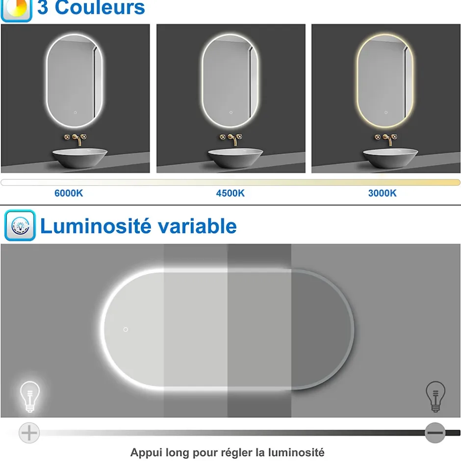AICA Sanitaire Miroir salle de bain LED 60x80cm tricolore + anti-buée + dimmable + mémoire,