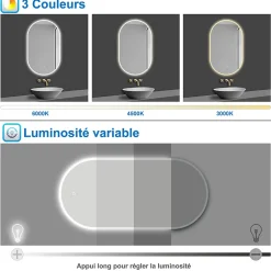 AICA Sanitaire Miroir salle de bain LED 45x90cm tricolore + anti-buée + dimmable + mémoire,* Miroir Lumineux