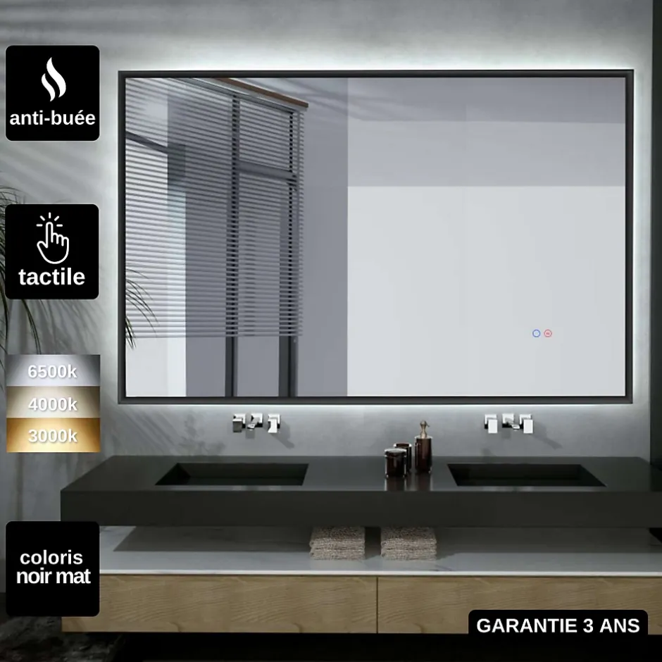 Ledimex Miroir Salle de Bain LED Réglable 120x80cm - Noir Mat - Commandes Tactiles & Anti-Buée - CALIFORNIA