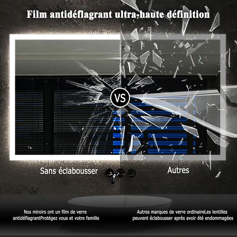 AICA Sanitaire Miroir salle de bain led anti-buée, avec éclairage LED 100 x 80cm réversible, IP44 commande par effleurement,* Miroir Lumineux