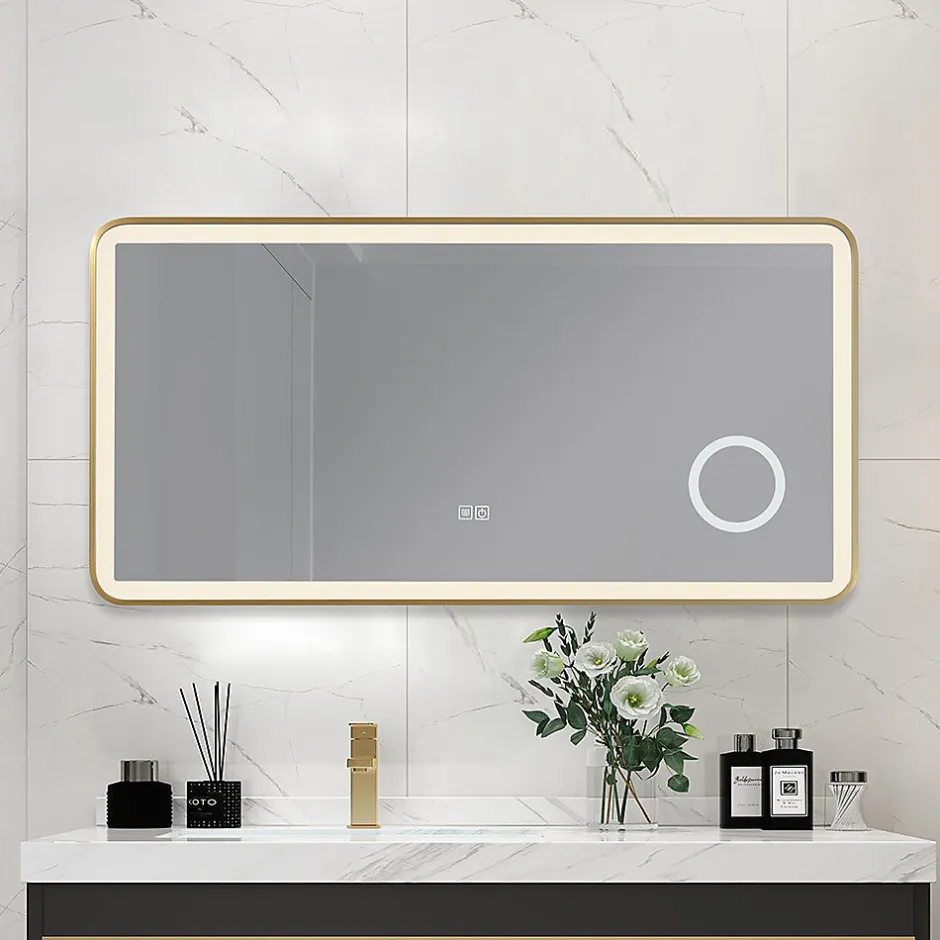 Luxury Bain Miroir salle de bain LED 110x60cm anti buée avec cadre en aluminium doré et loupe x3 LB-4685G