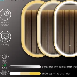 Lomazoo Miroir salle de bain lumineux LED Berlin 40x70 cm ovale doré