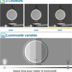 AICA Sanitaire Miroir salle de bain rond LED 50cm tricolore + anti-buée + dimmable + mémoire,avec ceinture en cuir amovible,noir,* Miroir Lumineux