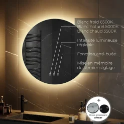 Saniverre Miroir salle de bain VEKIO LED lumineux rond 80 cm diam. fonction anti-buée + intensité & couleur réglables -