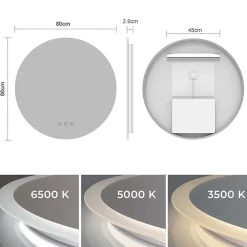 Saniverre Miroir salle de bain VEKIO LED lumineux rond 80 cm diam. fonction anti-buée + intensité & couleur réglables -