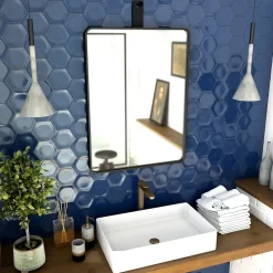 Aurlane Miroir salle de bain 60x80cm suspendu noir mat - avec lanière effet cuir noir - NORDIK REKTANGEL