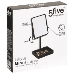 5five Simply Smart Miroir salle de bains grossissant x3 et pivotant en métal noir avec plateau l.15,2 x H.30 x P.12,8 cm, Glass