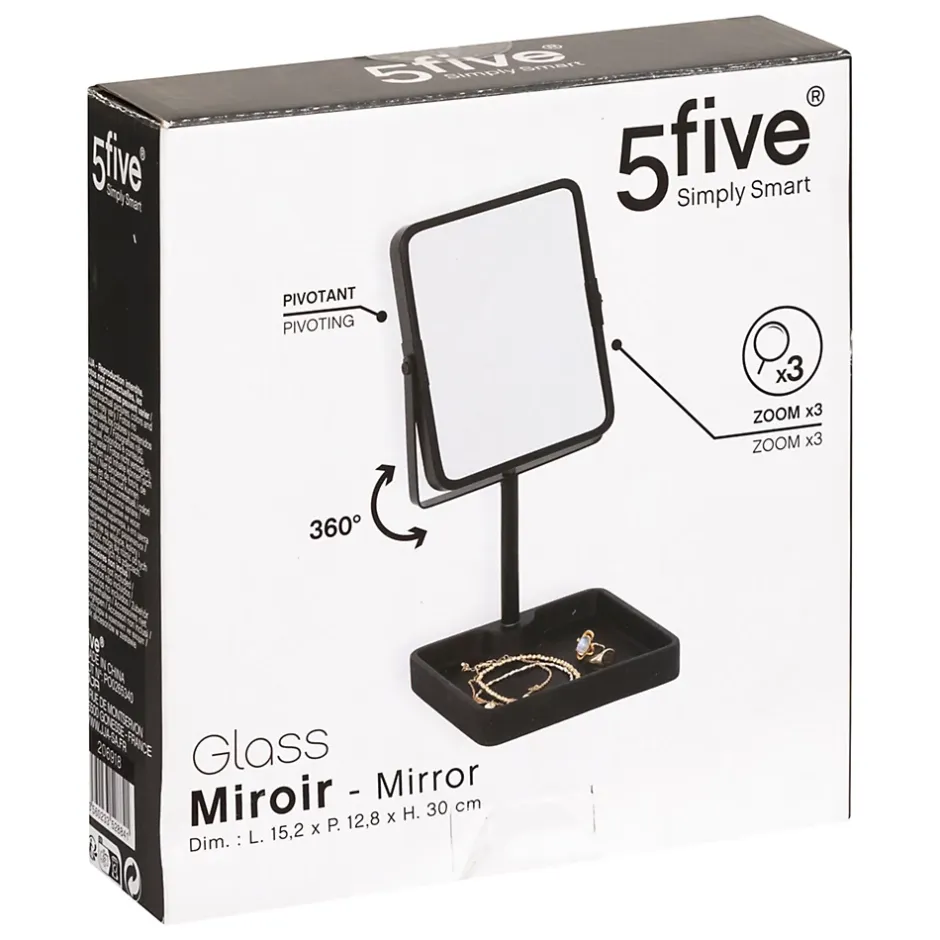 5five Simply Smart Miroir salle de bains grossissant x3 et pivotant en métal noir avec plateau l.15,2 x H.30 x P.12,8 cm, Glass