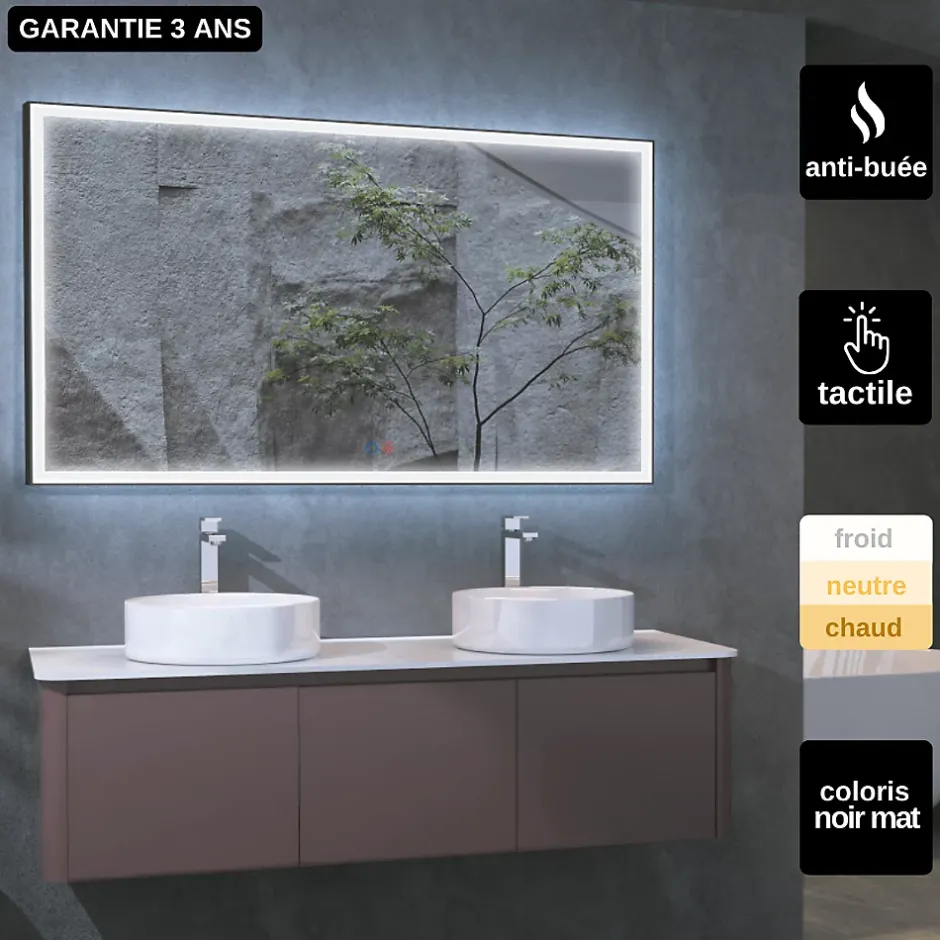 Ledimex Miroir Salle de Bains Lumineux SUIZA Anti-Buée et Eclairage Frontal Triled Tactile On/Off Noir Mat 70x80cm