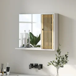 Homcom Miroir étagère style cosy - armoire miroir salle de bain 1 porte - bambou blanc