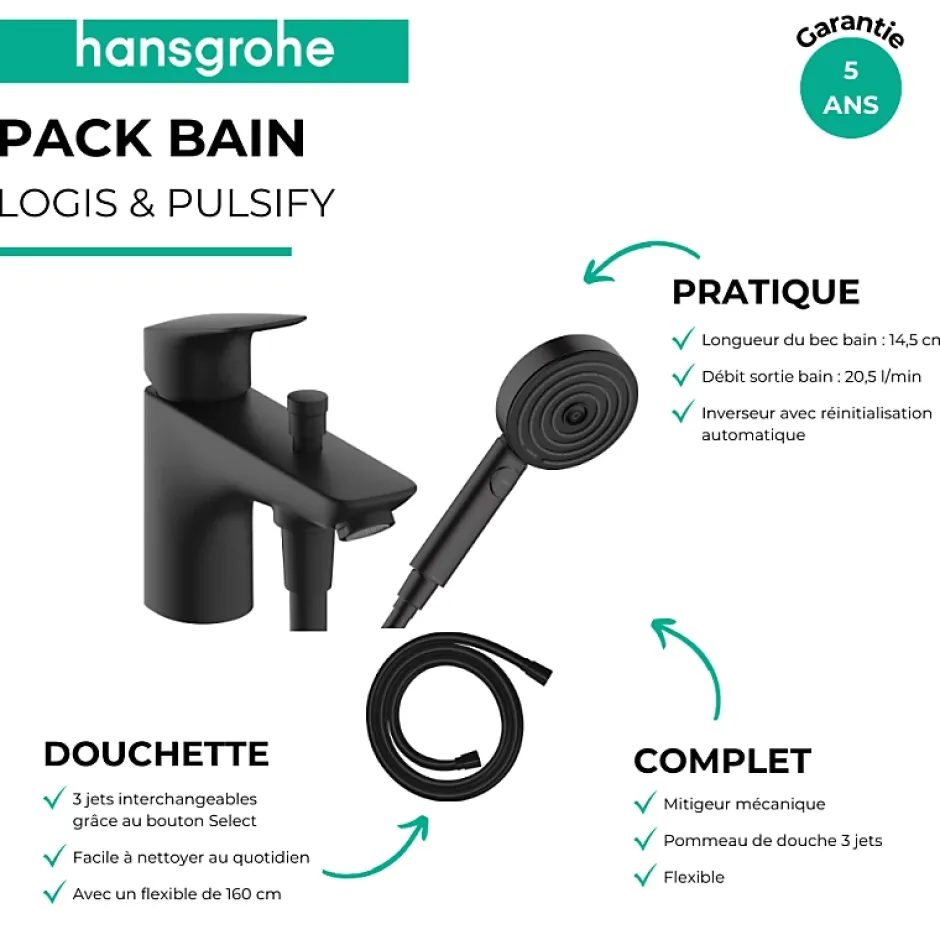 Hansgrohe Mitigeur baignoire mécanique Logis C2 + pack pommeau Pulsify Select 3 jets EcoSmart + flexible Isiflex 160 cm noir mat* Robinet De Baignoire