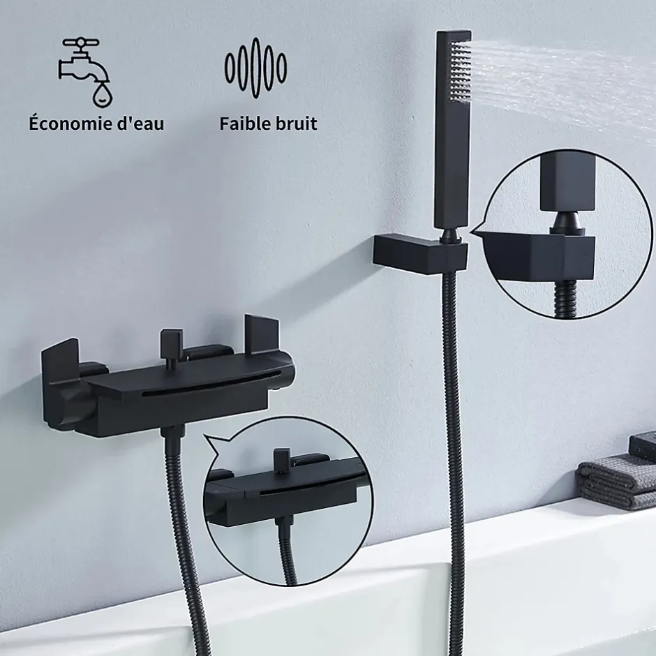 Homelody Mitigeur de Baignoire Mural avec Bec Cascade et Douchette a Main Flexible 1 5 m Laiton Noir Mat* Robinet De Baignoire